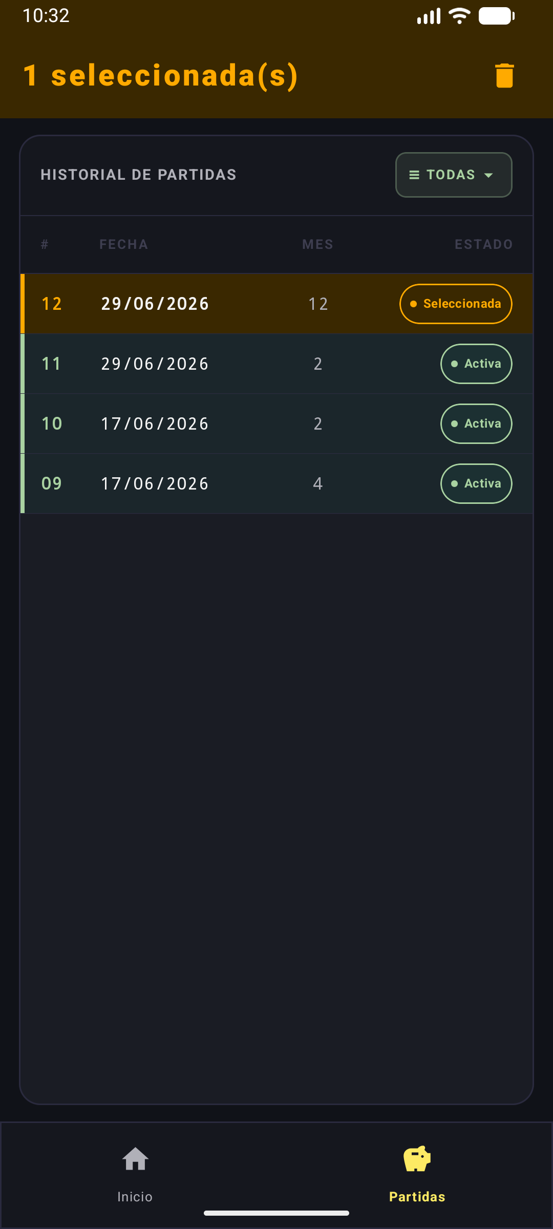 Pantalla de partidas